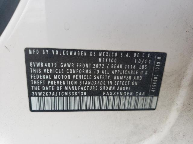 3VW2K7AJ1CM338136 - 2012 VOLKSWAGEN JETTA BASE WHITE photo 10