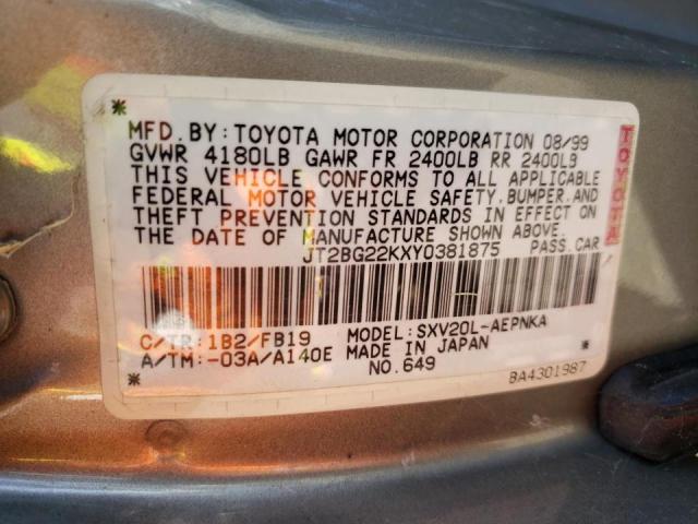 JT2BG22KXY0381875 - 2000 TOYOTA CAMRY CE TAN photo 10