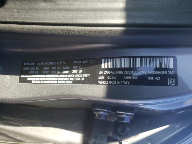 ZARFAEDN8H7538531 - 2017 ALFA ROMEO GIULIA Q4 GRAY photo 10