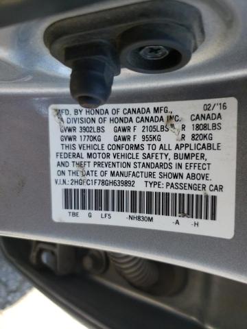2HGFC1F78GH639892 - 2016 HONDA CIVIC EXL Srebrny zdjęcie 10