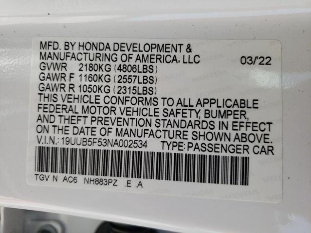 19UUB5F53NA002534 - 2022 ACURA TLX TECH A WHITE photo 10
