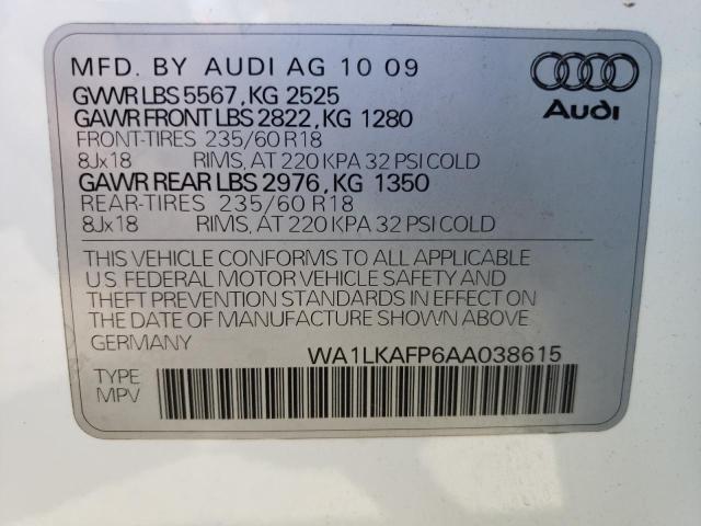 WA1LKAFP6AA038615 - 2010 AUDI Q5 PREMIUM WHITE photo 10