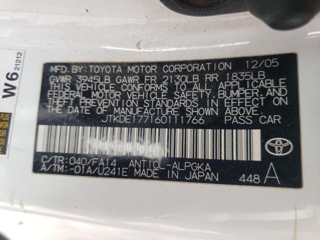 JTKDE177160111766 - 2006 TOYOTA SCION TC Blanc photo 10