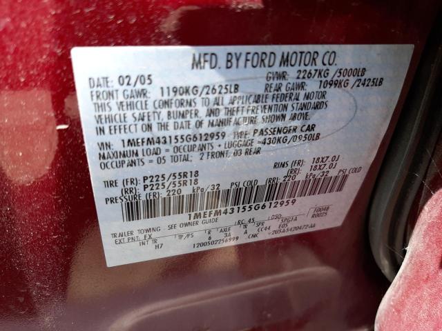 1MEFM43155G612959 - 2005 MERCURY MONTEGO PR ბურგუნდია ფოტო 10