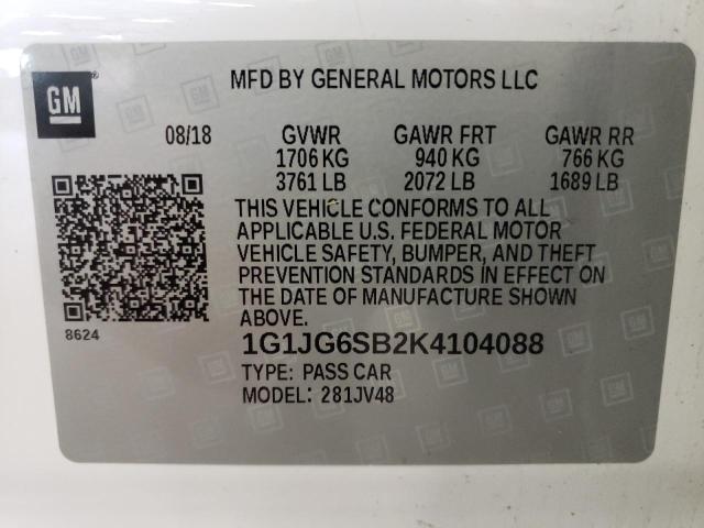 1G1JG6SB2K4104088 - 2019 CHEVROLET SONIC WHITE photo 10