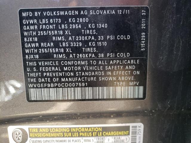 WVGEF9BP0CD007591 - 2012 VOLKSWAGEN TOUAREG V6 GRAY photo 10