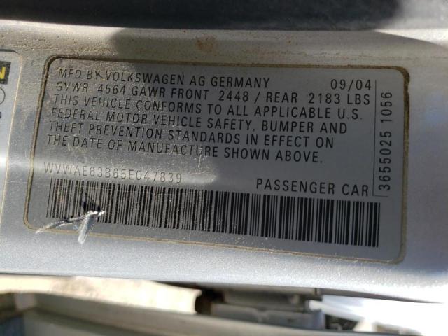 WVWAE63B65E047839 - 2005 VOLKSWAGEN PASSAT GLS SILVER photo 10