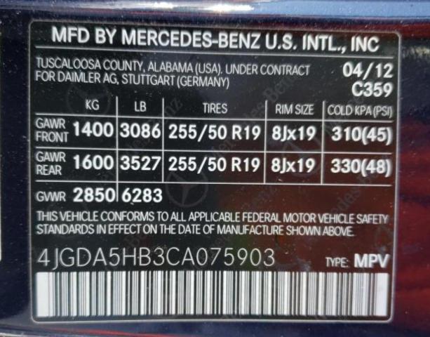 4JGDA5HB3CA075903 - 2012 MERCEDES-BENZ ML 350 4MA BLUE photo 10