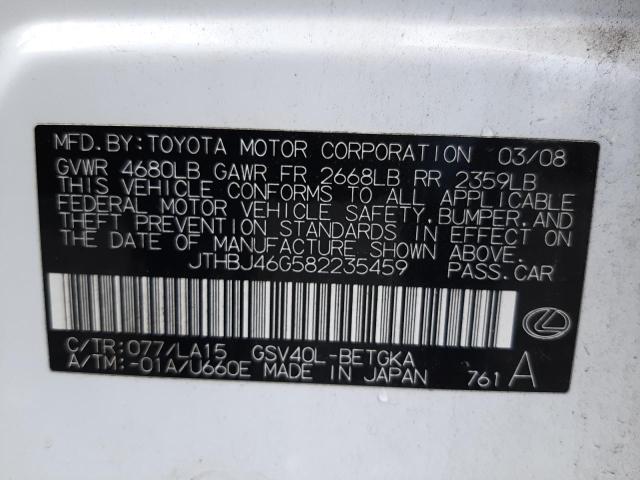 JTHBJ46G582235459 - 2008 LEXUS ES350 WHITE photo 10