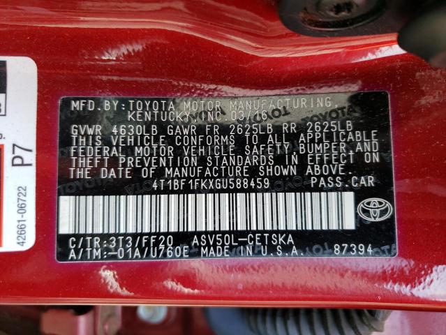 4T1BF1FKXGU588459 - 2016 TOYOTA CAMRY LE RED photo 10