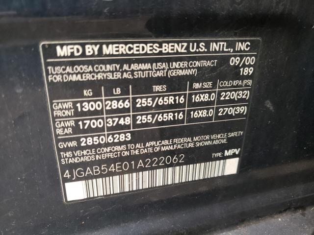 4JGAB54E01A222062 - 2001 MERCEDES-BENZ M-CLASS BLUE photo 10