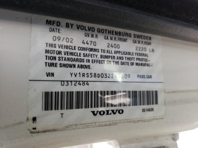 YV1RS58D032243509 - 2003 VOLVO S60 2.4T WHITE photo 10