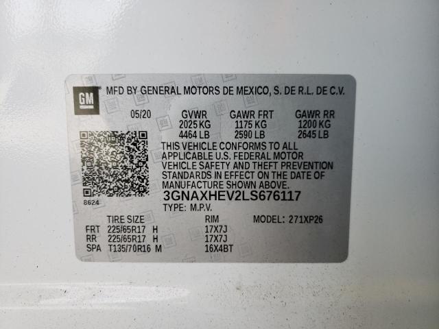 3GNAXHEV2LS676117 - 2020 CHEVROLET EQUINOX LS WHITE photo 10