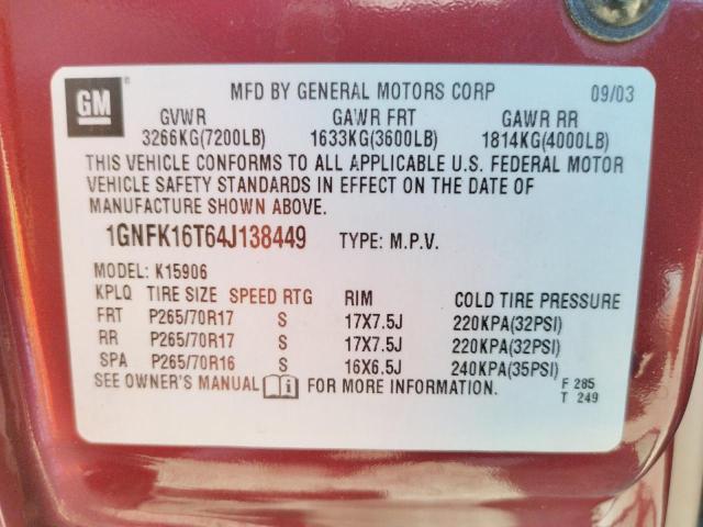 1GNFK16T64J138449 - 2004 CHEVROLET SUBURBAN K BURGUNDY photo 10