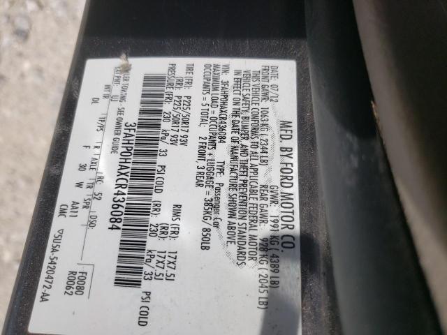 3FAHP0HAXCR436084 - 2012 FORD FUSION SE GRAY photo 10