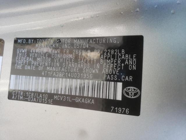 4T1FA38P14U031956 - 2004 TOYOTA CAMRY SOLA SILVER photo 10