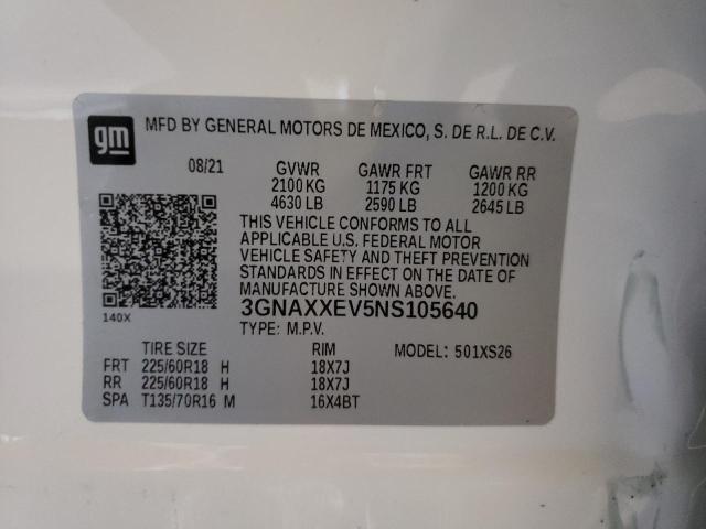 3GNAXXEV5NS105640 - 2022 CHEVROLET EQUINOX PR WHITE photo 10