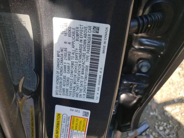 2HGFE1F70NH315908 - 2022 HONDA CIVIC EX  photo 10