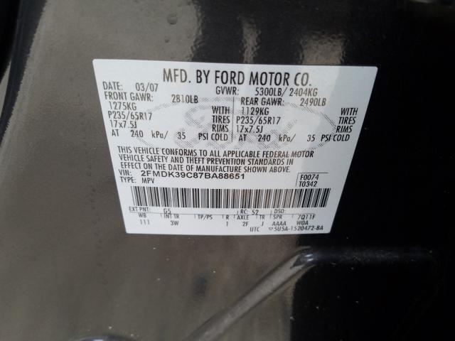 2FMDK39C87BA88651 - 2007 FORD EDGE SEL P BLACK photo 10