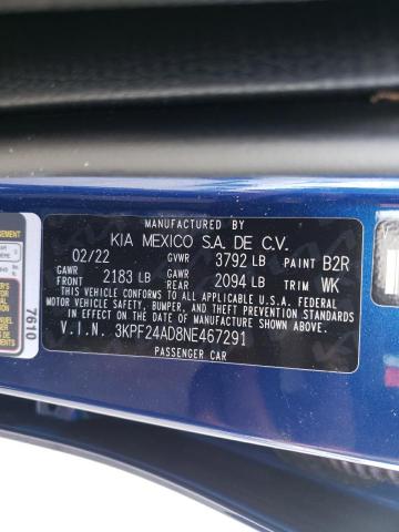 3KPF24AD8NE467291 - 2022 KIA FORTE FE BLUE photo 10