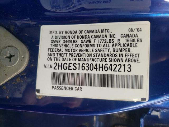 2HGES16304H642213 - 2004 HONDA CIVIC DX V BLUE photo 10