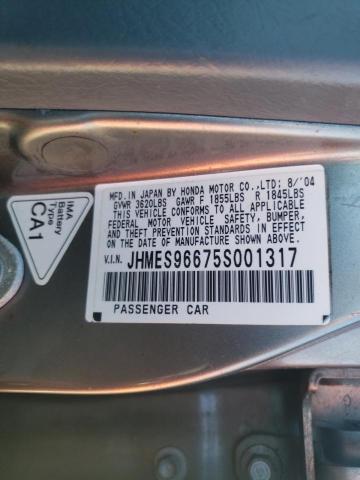 JHMES96675S001317 - 2005 HONDA CIVIC HYBR SILVER photo 10