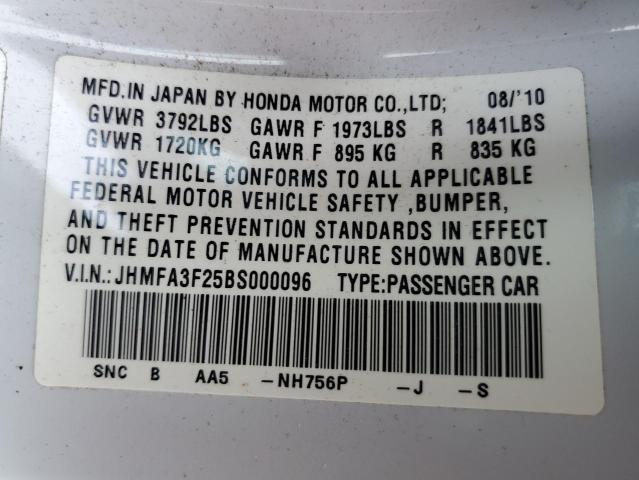 JHMFA3F25BS000096 - 2011 HONDA CIVIC HYBR WHITE photo 10