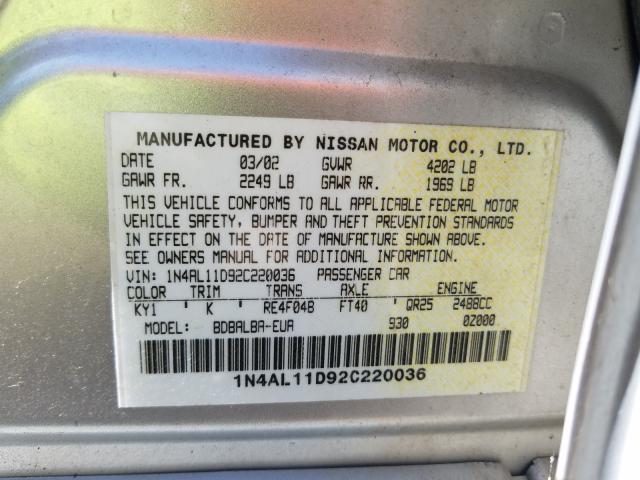 1N4AL11D92C220036 - 2002 NISSAN ALTIMA BAS SILVER photo 10