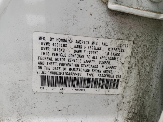 19UDE2F31GA020487 - 2016 ACURA ILX BASE W WHITE photo 10