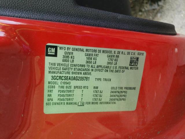 3GCRCSEA0AG209781 - 2010 CHEVROLET SILVERADO RED photo 10