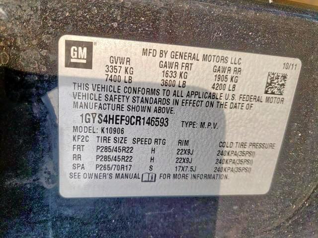 1GYS4HEF9CR146593 - 2012 CADILLAC ESCALADE E BLACK photo 10