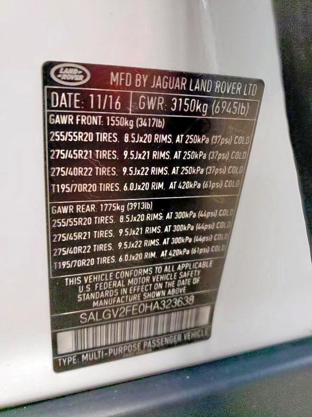 SALGV2FE0HA323638 - 2017 LAND ROVER RANGE ROVE WHITE photo 10