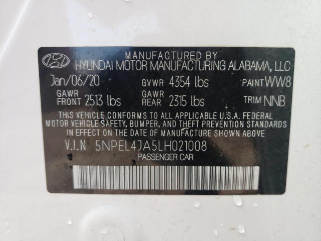 5NPEL4JA5LH021008 - 2020 HYUNDAI SONATA SEL WHITE photo 10