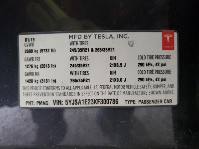 5YJSA1E23KF300786 - 2019 TESLA MODEL S Boz foto 10