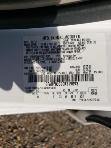 3FAHP0JG9CR319093 - 2012 FORD FUSION SEL WHITE photo 10