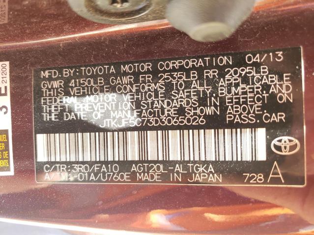 JTKJF5C73D3065026 - 2013 TOYOTA SCION TC იასამნისფერი ფოტო 10