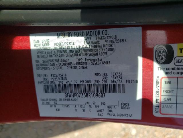 3FAHP07Z58R109607 - 2008 FORD FUSION SE RED photo 10