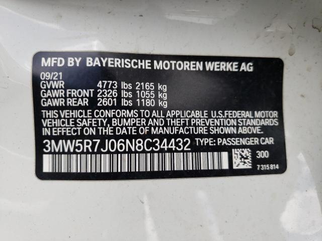 3MW5R7J06N8C34432 - 2022 BMW 330XI WHITE photo 10