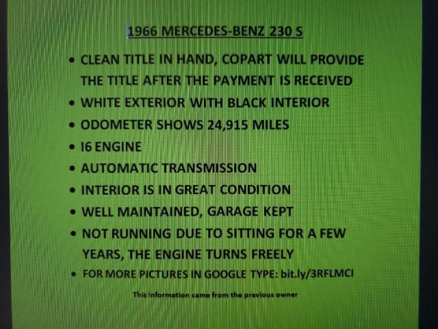 11101012070454 - 1966 MERCEDES-BENZ 230S WHITE photo 9