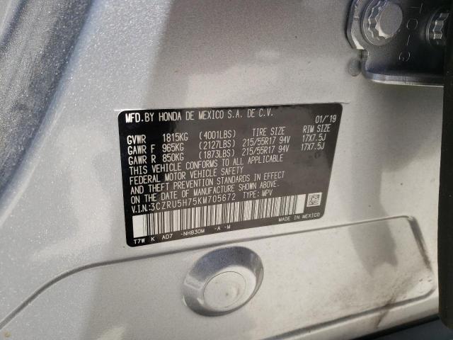 3CZRU5H75KM705672 - 2019 HONDA HR-V EXL SILVER photo 10