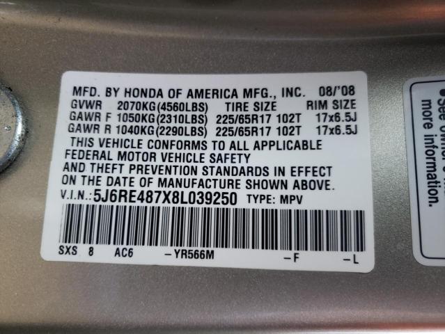 5J6RE487X8L039250 - 2008 HONDA CR-V EXL TAN photo 10