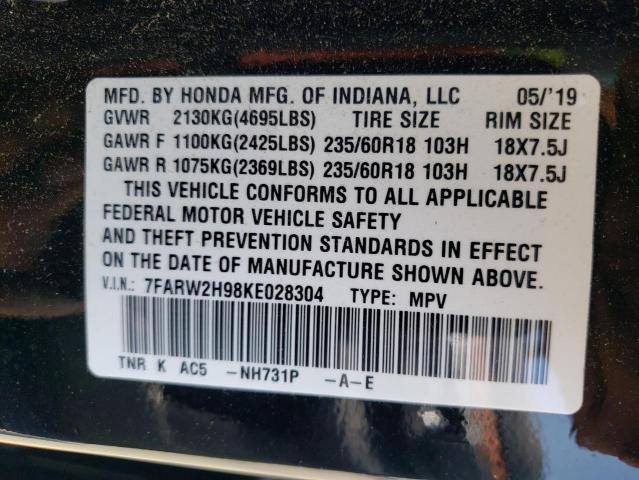 7FARW2H98KE028304 - 2019 HONDA CR-V TOURI BLACK photo 10