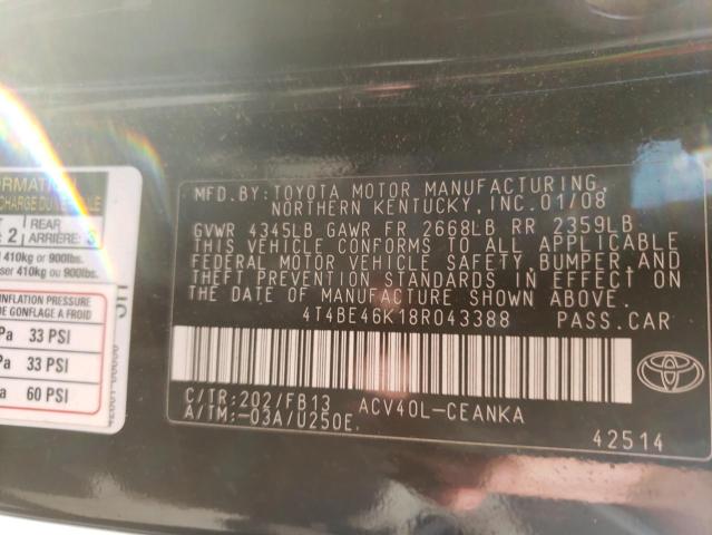 4T4BE46K18R043388 - 2008 TOYOTA CAMRY CE BLACK photo 10