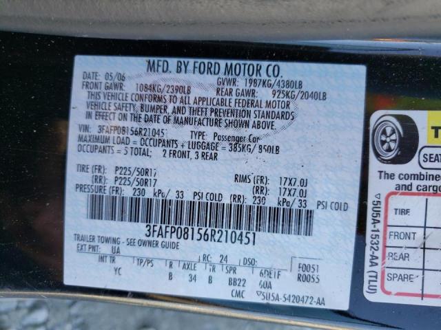 3FAFP08156R210451 - 2006 FORD FUSION SEL BLACK photo 10