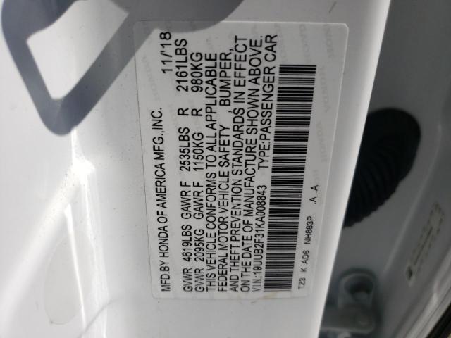 19UUB2F31KA008843 - 2019 ACURA TLX WHITE photo 10