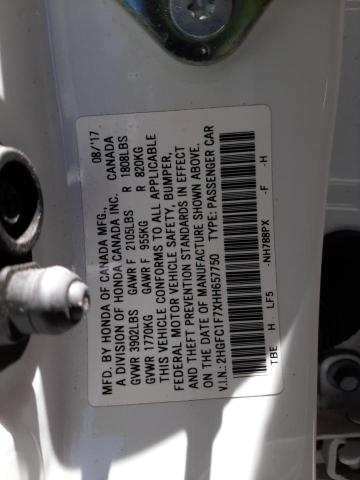 2HGFC1F7XHH657750 - 2017 HONDA CIVIC EXL 白色 照片 10