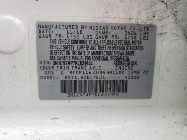 3N1CN7AP7KL831944 - 2019 NISSAN VERSA S  photo 10