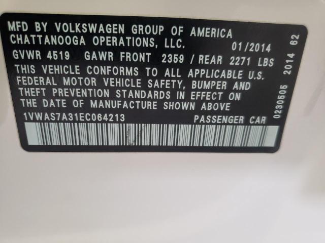 1VWAS7A31EC064213 - 2014 VOLKSWAGEN PASSAT S WHITE photo 10