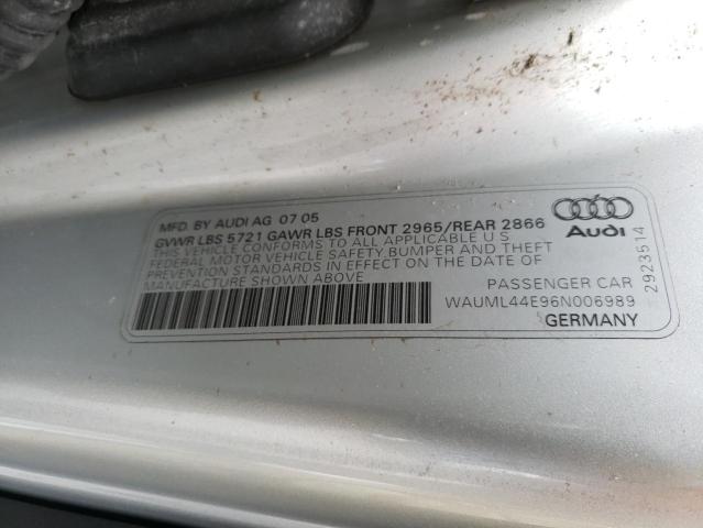 WAUML44E96N006989 - 2006 AUDI A8 L QUATT SILVER photo 10