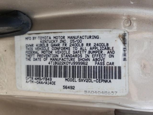 4T1BG22K0YU999962 - 2000 TOYOTA CAMRY CE  photo 10